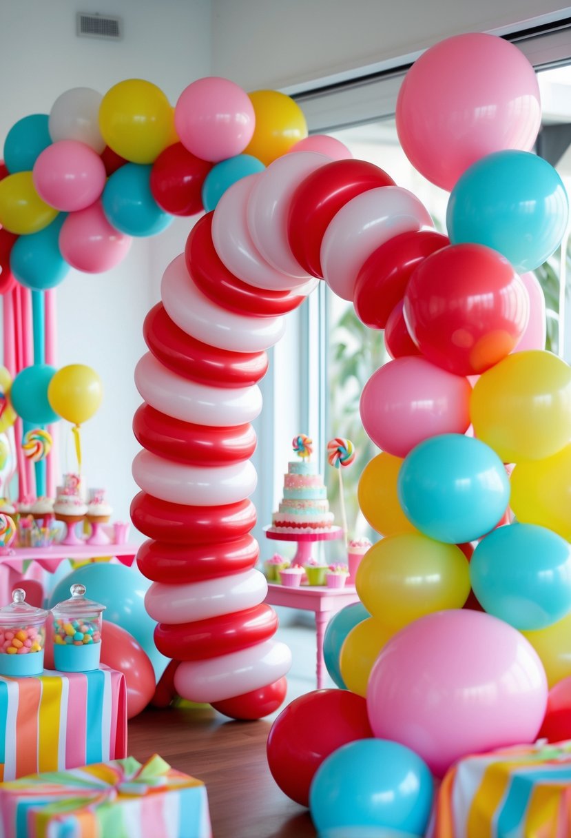 A birthday party setup with a large red and white striped balloon arch and colorful candy-themed decorations.