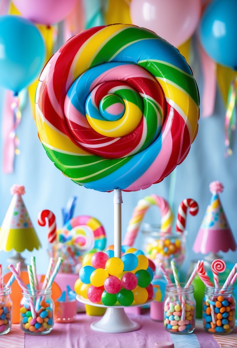 A colorful birthday party table with a giant swirled lollipop centerpiece and candy-themed decorations.
