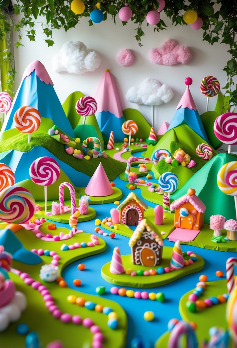 A colorful Candy Land map backdrop featuring oversized candy elements like lollipops, gumdrops, candy canes, and chocolate rivers in a whimsical landscape.