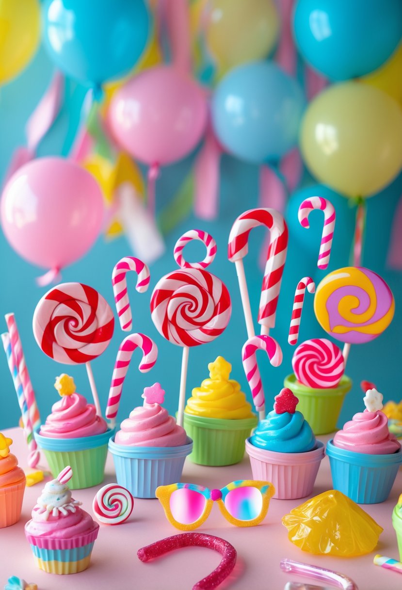A colorful display of candy-themed birthday party photo booth props including lollipops, candy canes, gummy bears, and festive decorations on a pastel table with balloons and streamers in the background.