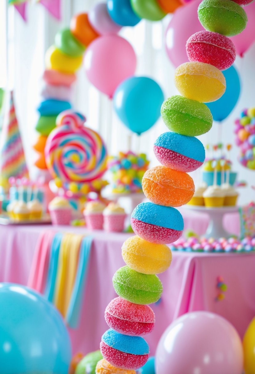 Colorful gumdrops garland hanging as decorations at a bright birthday party with candy-themed decor and balloons.