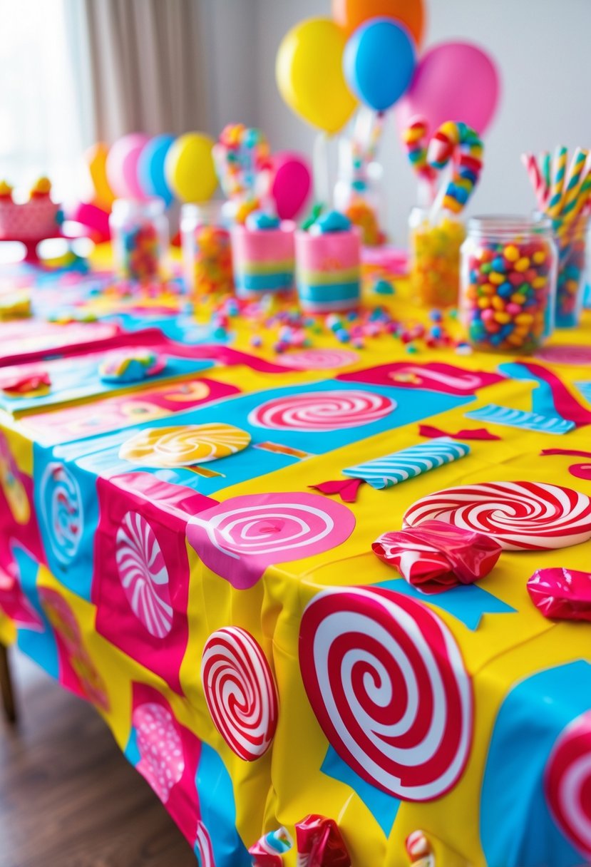A colorful tablecloth with candy prints on a birthday party table decorated with balloons and candy jars.