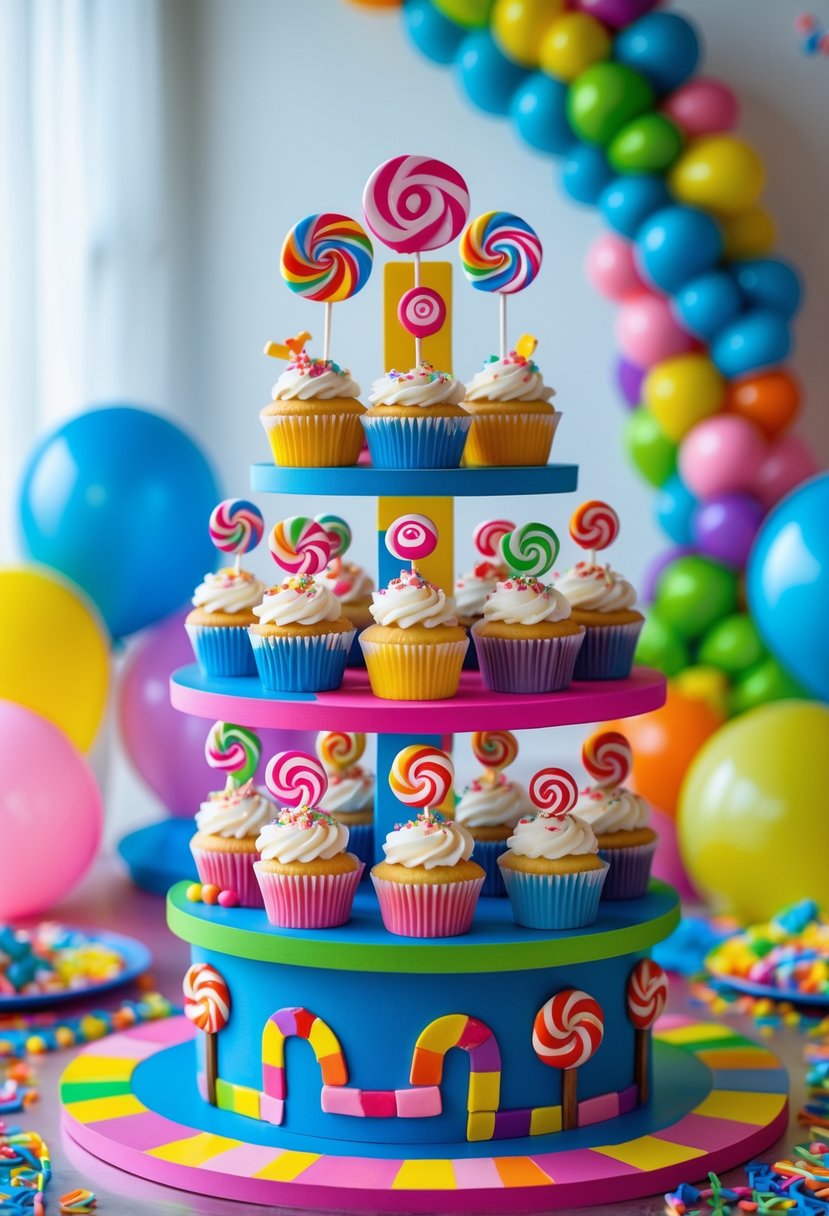 A colorful cupcake stand decorated with candy-themed toppers and Candy Land board game patterns, surrounded by birthday party decorations.