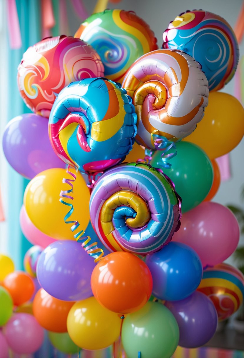 Colorful rainbow swirl balloon bouquets arranged as birthday party decorations.
