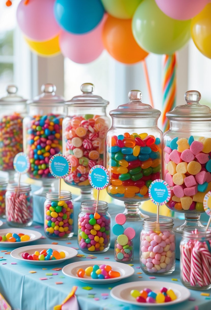A colorful birthday party table with several glass jars filled with different types of candy and festive decorations around them.