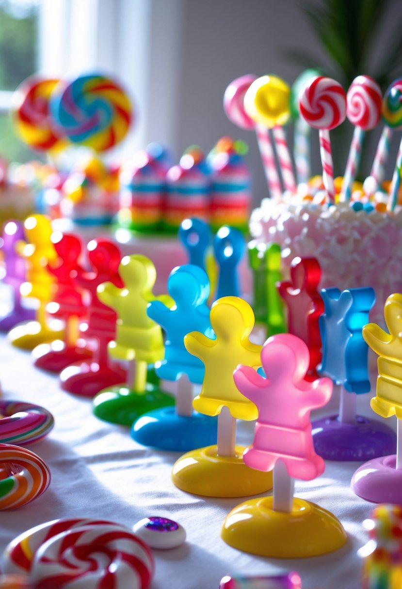 Candy Land game piece table markers arranged on a decorated birthday party table with candy-themed decorations.