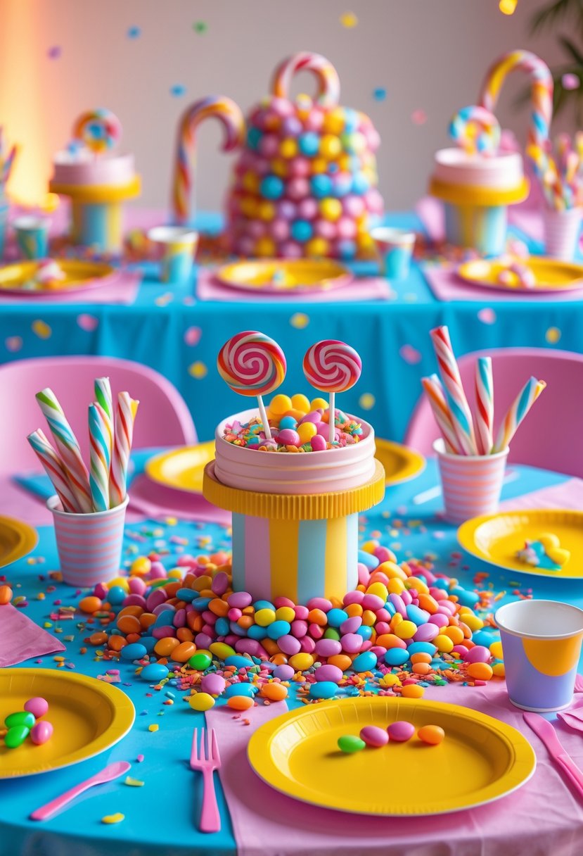 Tables decorated with rainbow candy confetti and colorful candy-themed birthday party decorations.