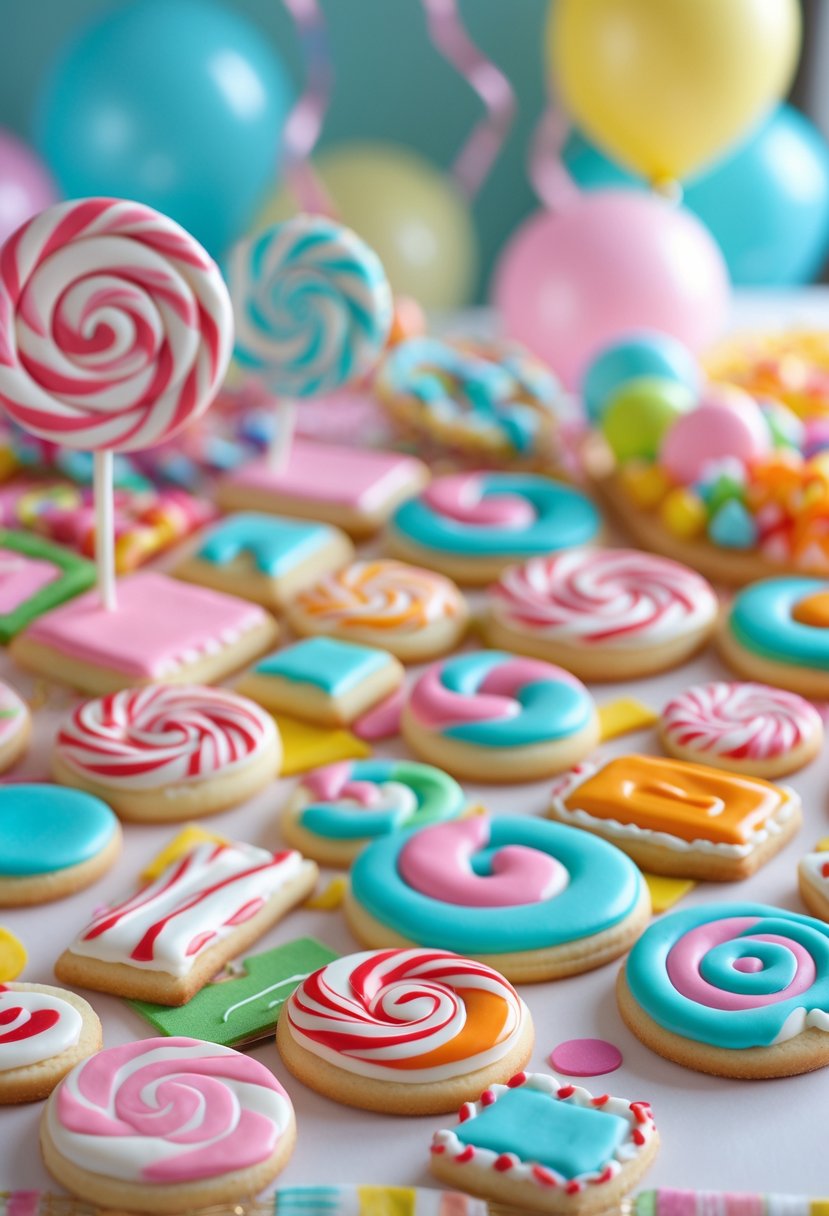 A variety of colorful sugar cookies shaped like different candies arranged on a table with birthday party decorations in the background.
