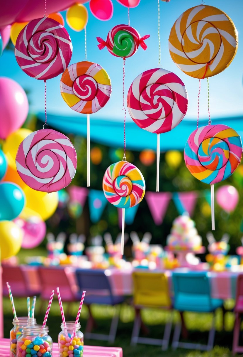 Colorful candy-shaped hanging lanterns decorating an outdoor birthday party with balloons and festive decorations.