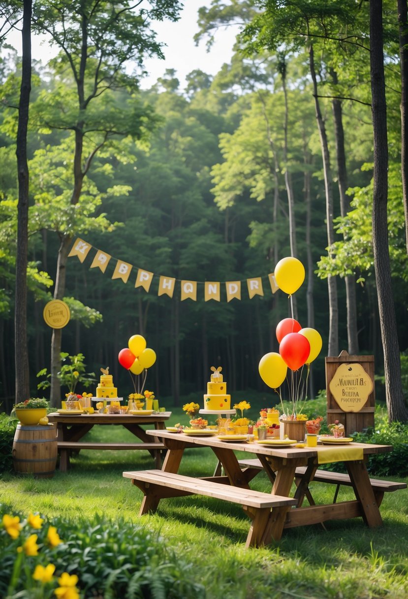 Outdoor birthday party setup in a forest clearing with trees, picnic tables, balloons, and decorations inspired by Winnie the Pooh.
