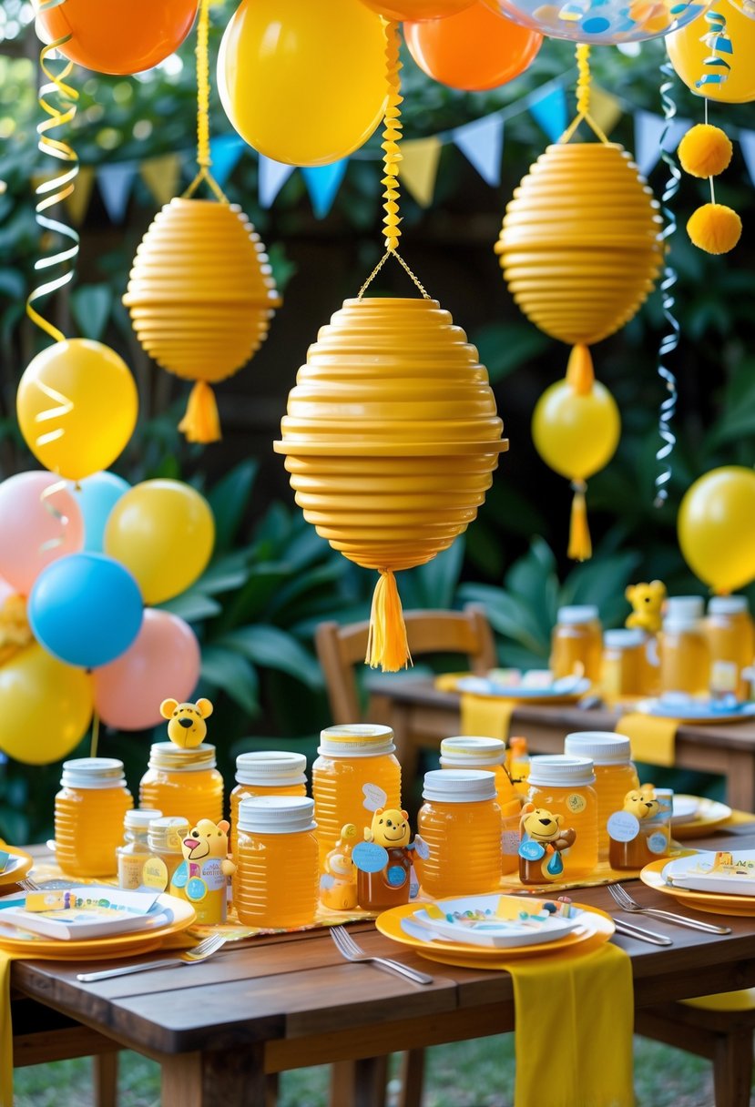 Outdoor birthday party with hanging yellow beehive decorations, colorful balloons, and Winnie the Pooh themed table setup.