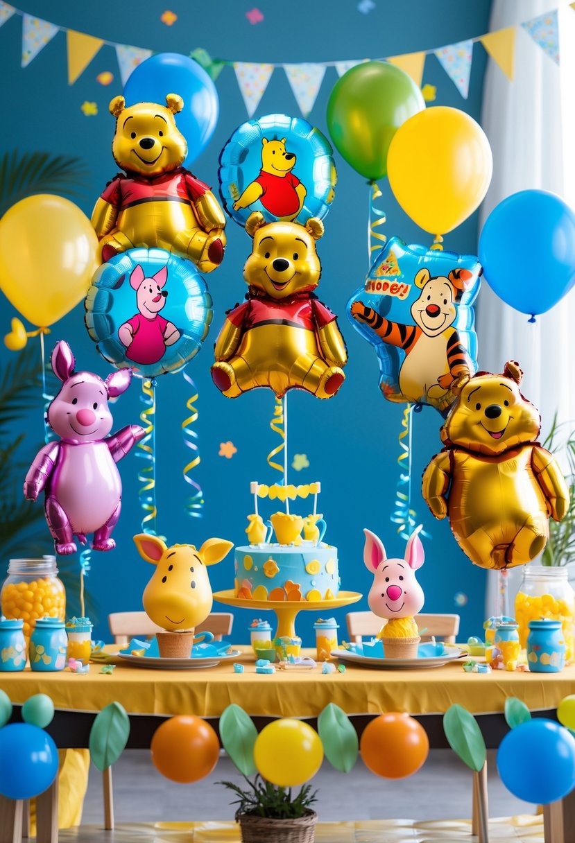 A birthday party scene with colorful Winnie the Pooh character balloons floating above a decorated table with party decorations and themed tableware.