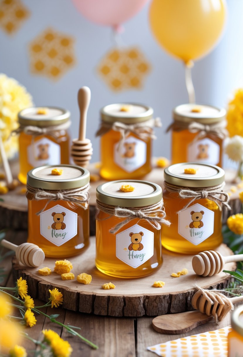 A table with several small honey jars decorated with twine bows and wooden honey dippers, surrounded by yellow and orange party decorations and wildflowers.