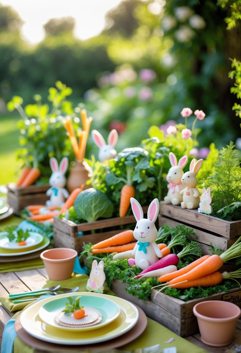 A garden table decorated with fresh vegetables and rabbit-themed items for a children's birthday party, set outdoors in a lush garden.