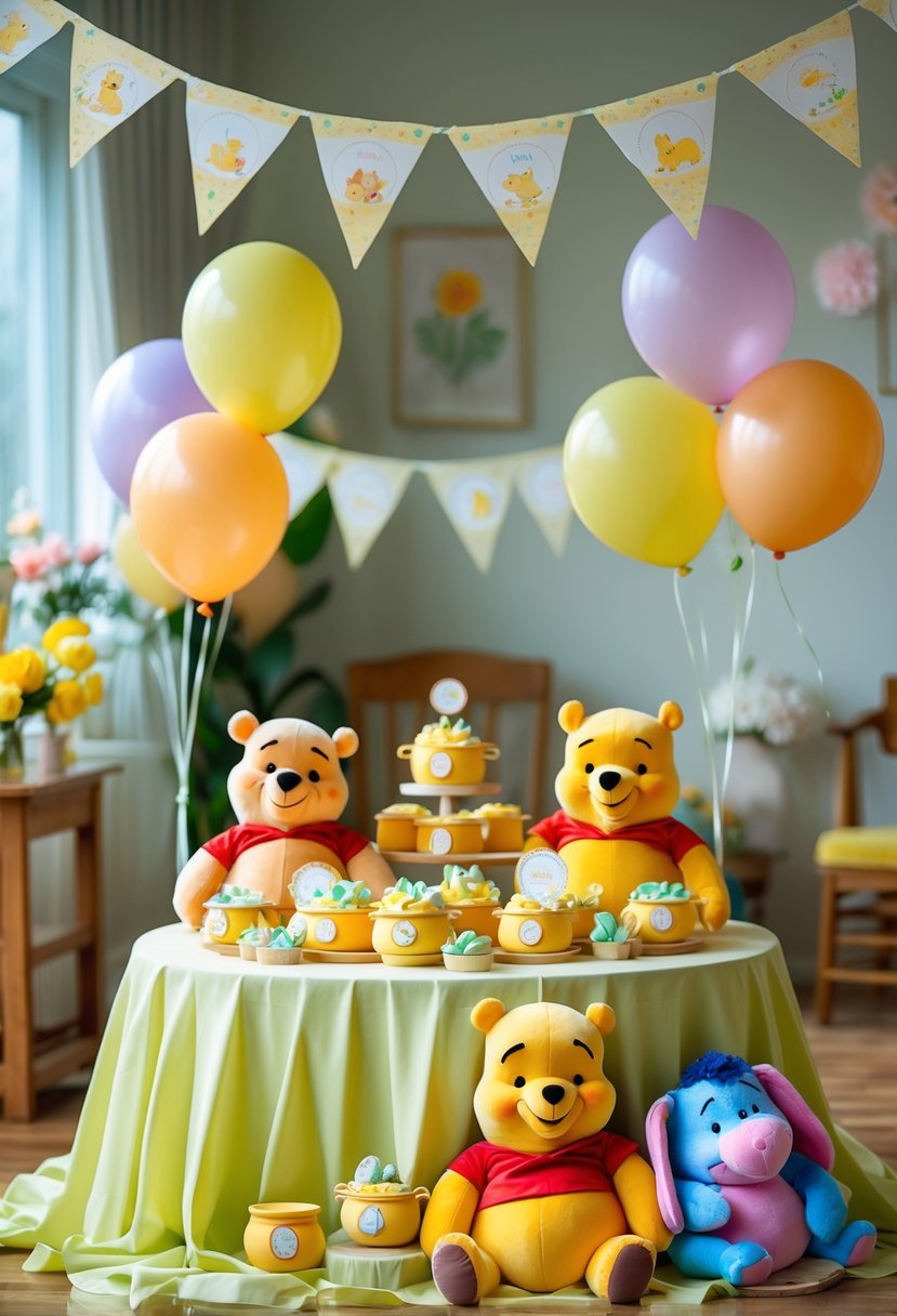 A decorated children's birthday party table with Winnie the Pooh plush toys, honey pots, balloons, and colorful bunting in a cozy room.