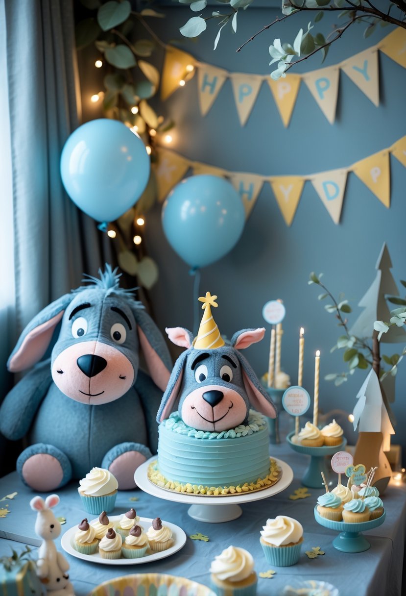 A birthday party corner decorated with Eeyore-themed decorations including plush toys, balloons, a birthday cake, cupcakes, fairy lights, and woodland elements.