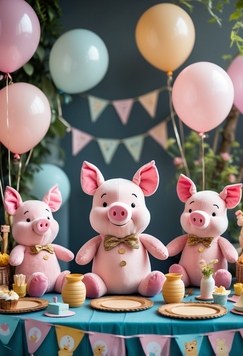 A birthday party scene with several Piglet plush toys arranged on a decorated table with balloons and party decorations.