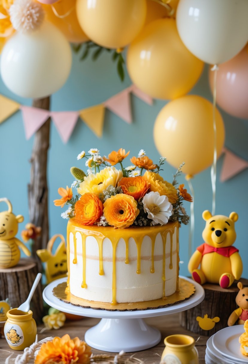 A honey drip cake decorated with colorful edible flowers on a table surrounded by Winnie the Pooh themed birthday party decorations including honey pots and plush toys.