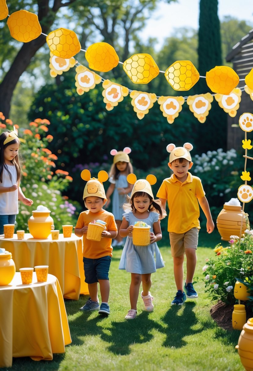 Children participating in a Winnie the Pooh honey-themed scavenger hunt at a decorated outdoor birthday party with balloons, honey pot decorations, and playful props.