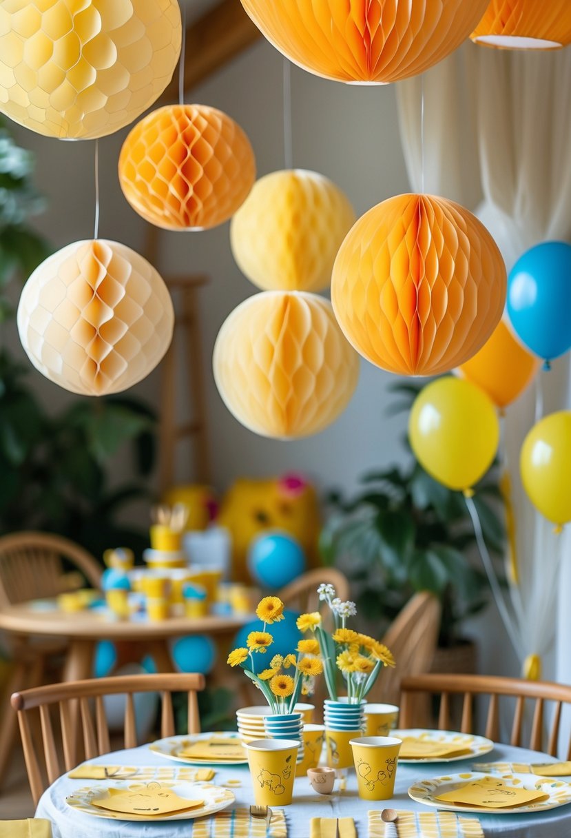 A children's birthday party setup with hanging honeycomb paper lanterns and Winnie the Pooh themed decorations on a decorated table.