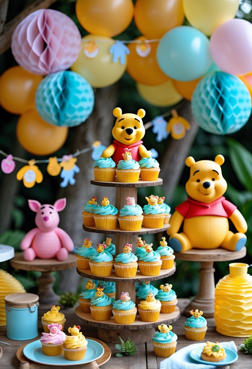 A birthday party table with multiple cupcake stands decorated with Winnie the Pooh characters and themed party decorations.