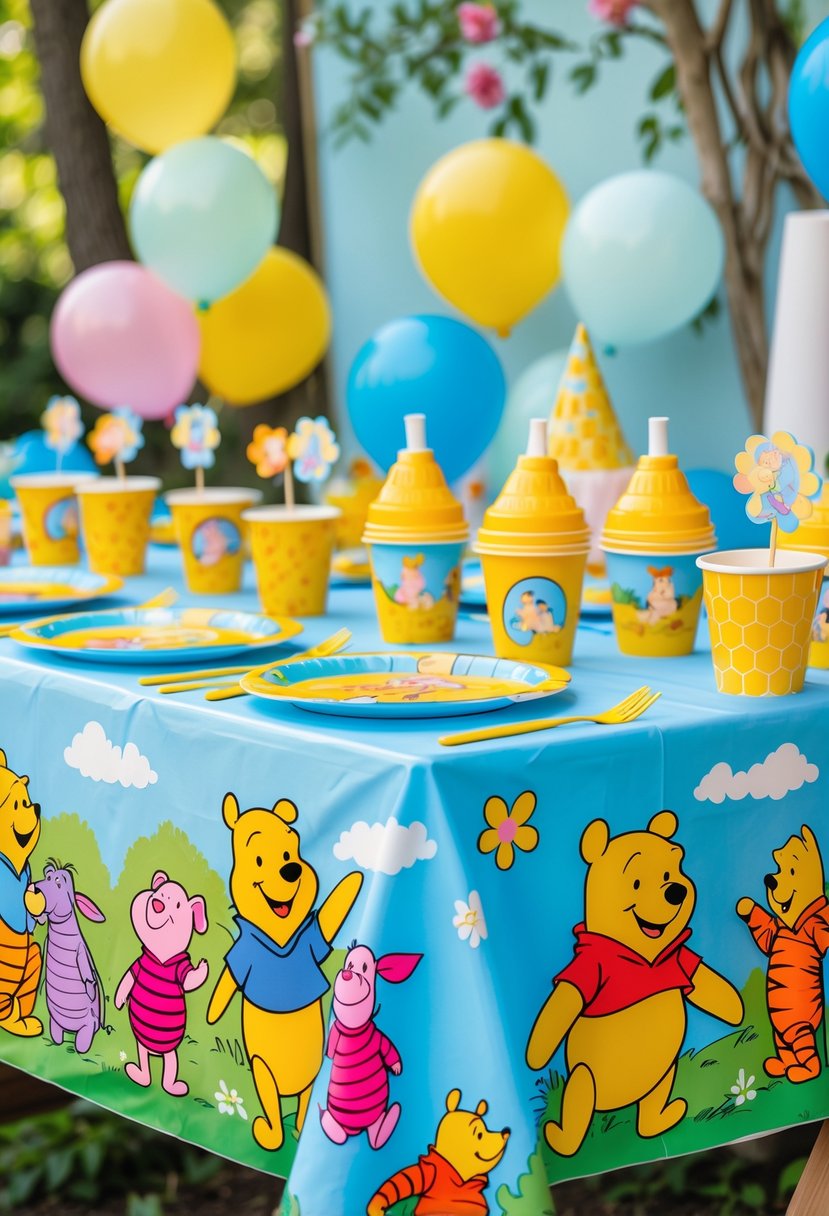 A children's birthday party table decorated with Winnie the Pooh themed tablecloth and party supplies outdoors with balloons and honey pot centerpieces.