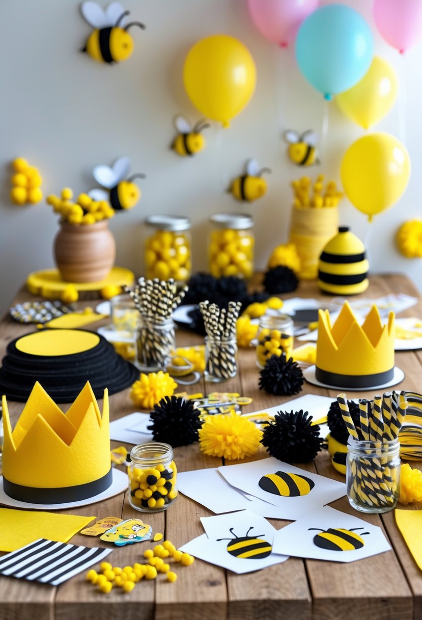 A craft table set up with supplies for making bee-themed crowns, including felt, pom-poms, glue, and scissors, with subtle Winnie the Pooh party decorations in the background.