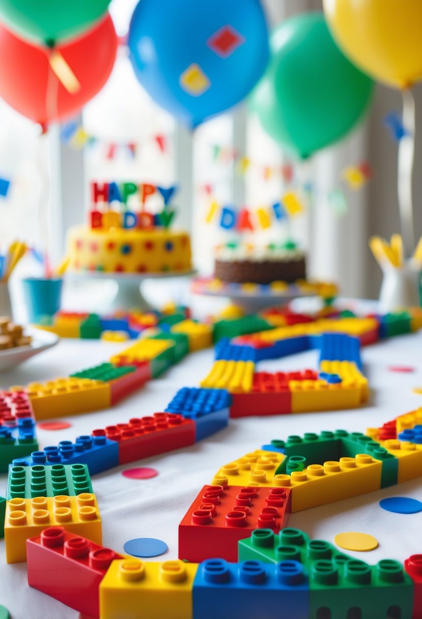 Colorful Lego brick garlands in primary colors hanging as birthday party decorations with balloons and a birthday cake in the background.