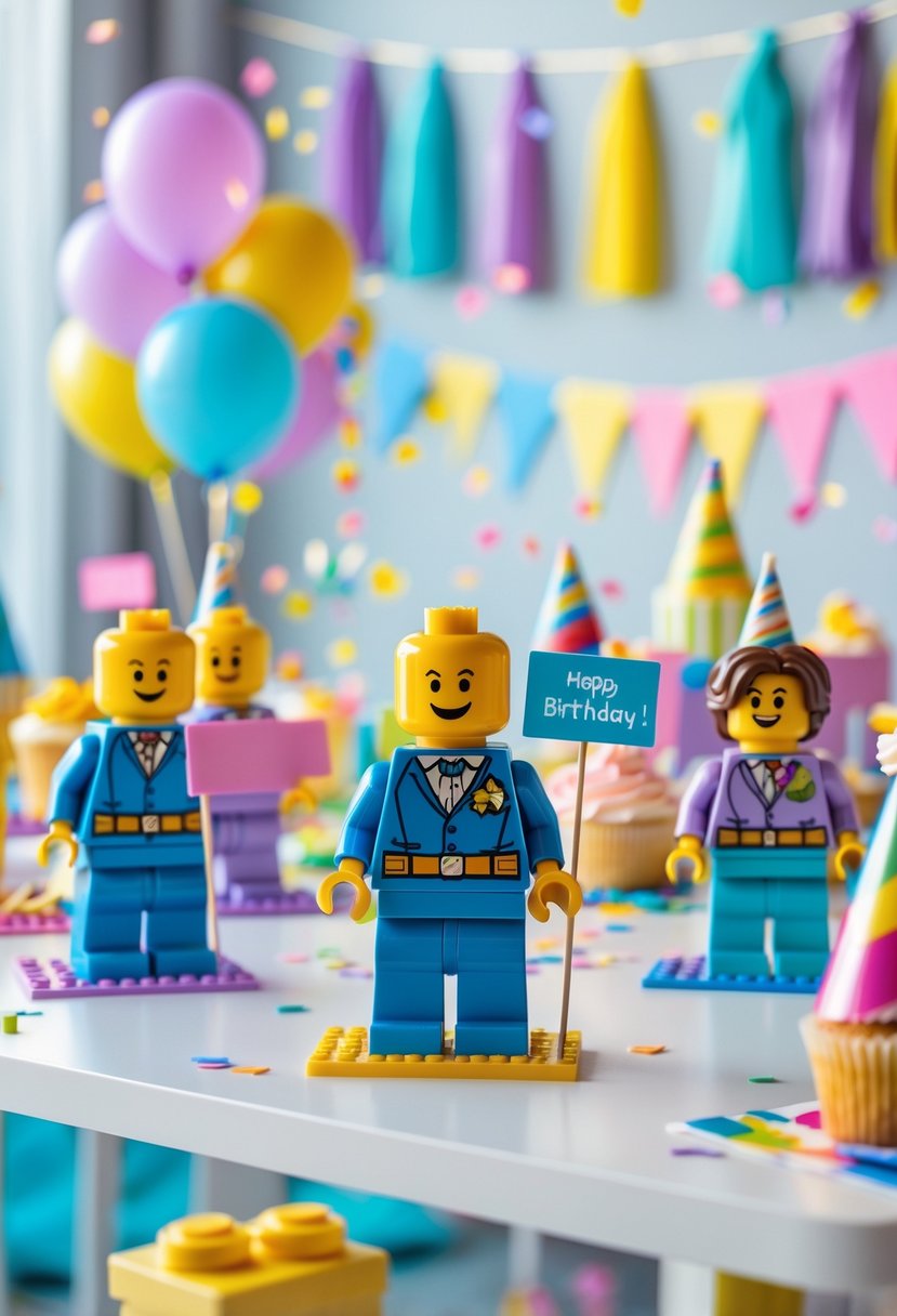 Mini Lego figures holding place cards arranged on a decorated birthday party table with balloons and party decorations.