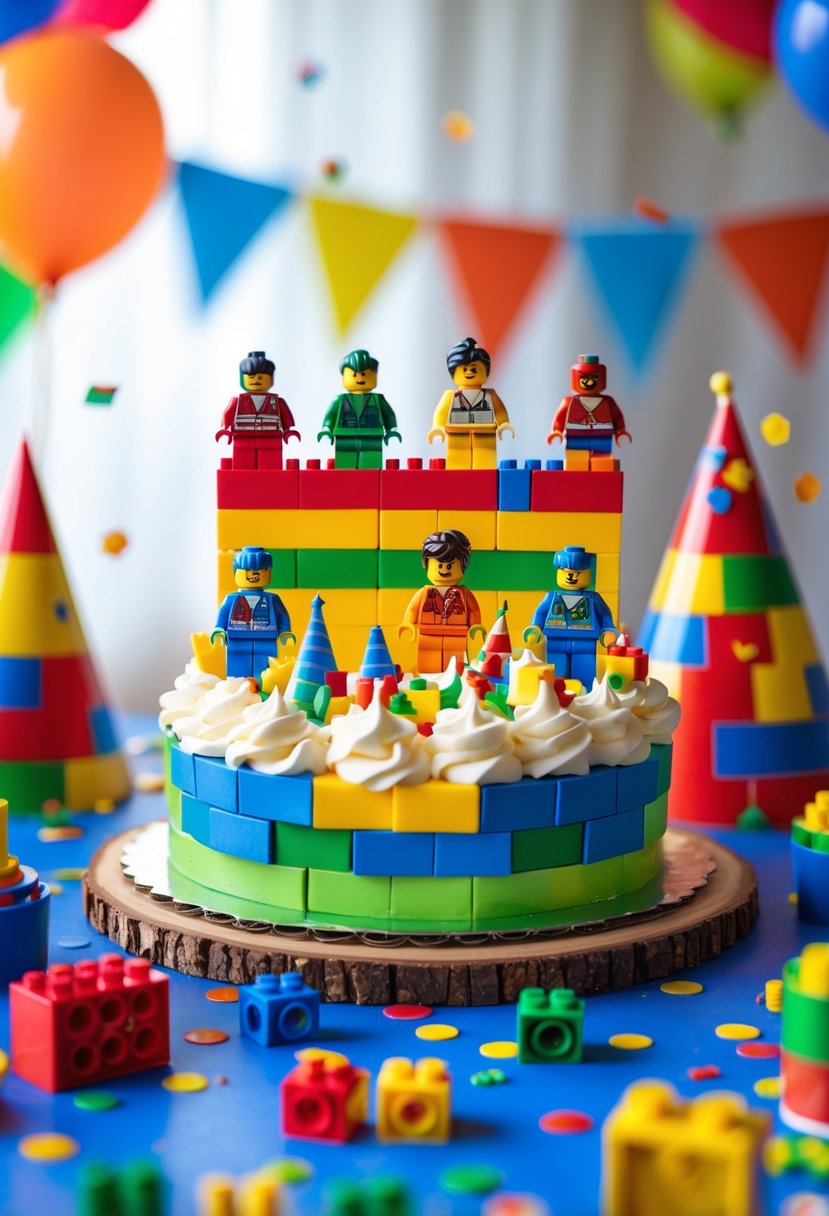 A birthday cake decorated with colorful Lego block cake toppers surrounded by Lego-themed party decorations.