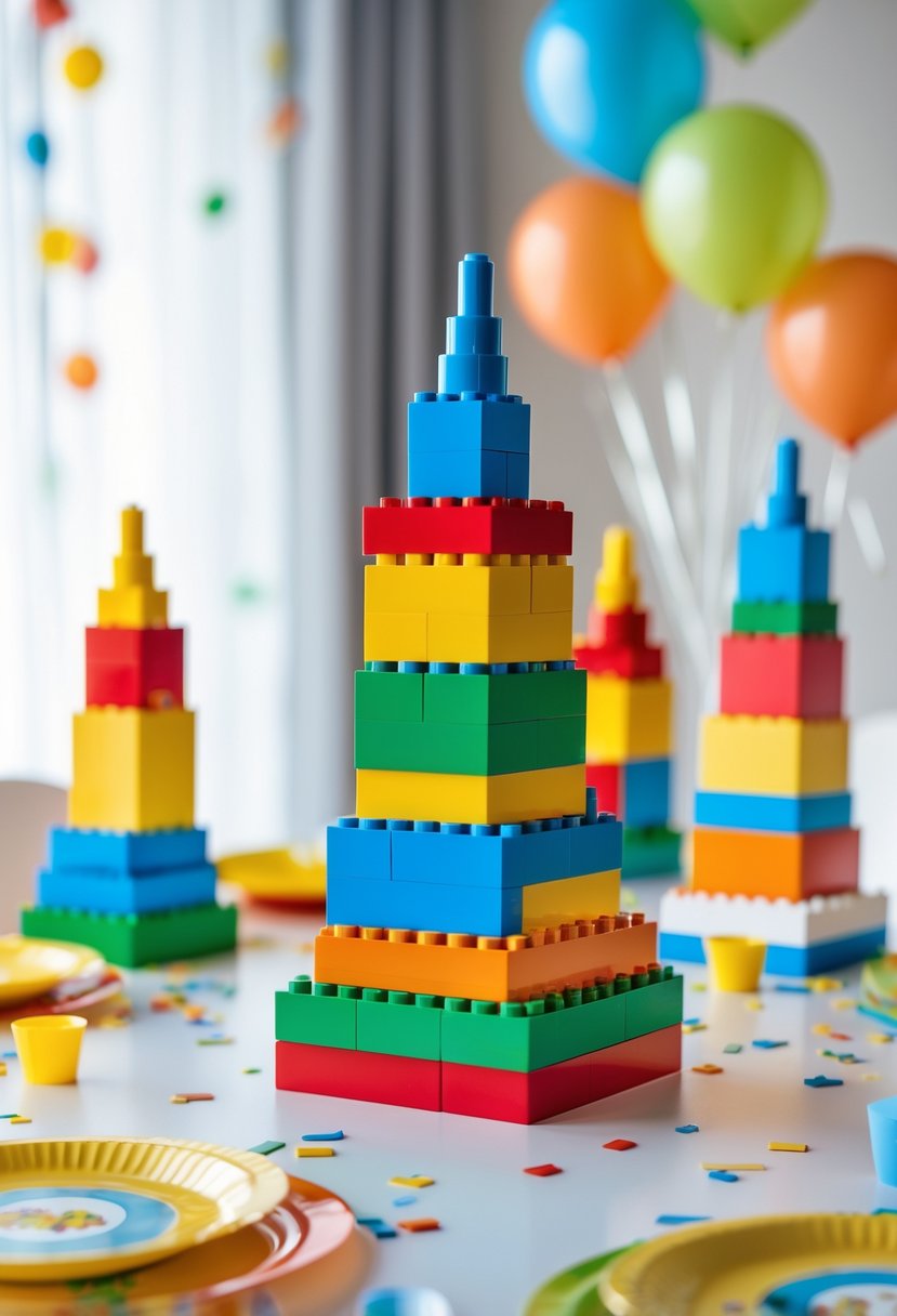 Colorful stacked Lego block centerpieces arranged on a table with birthday party decorations.