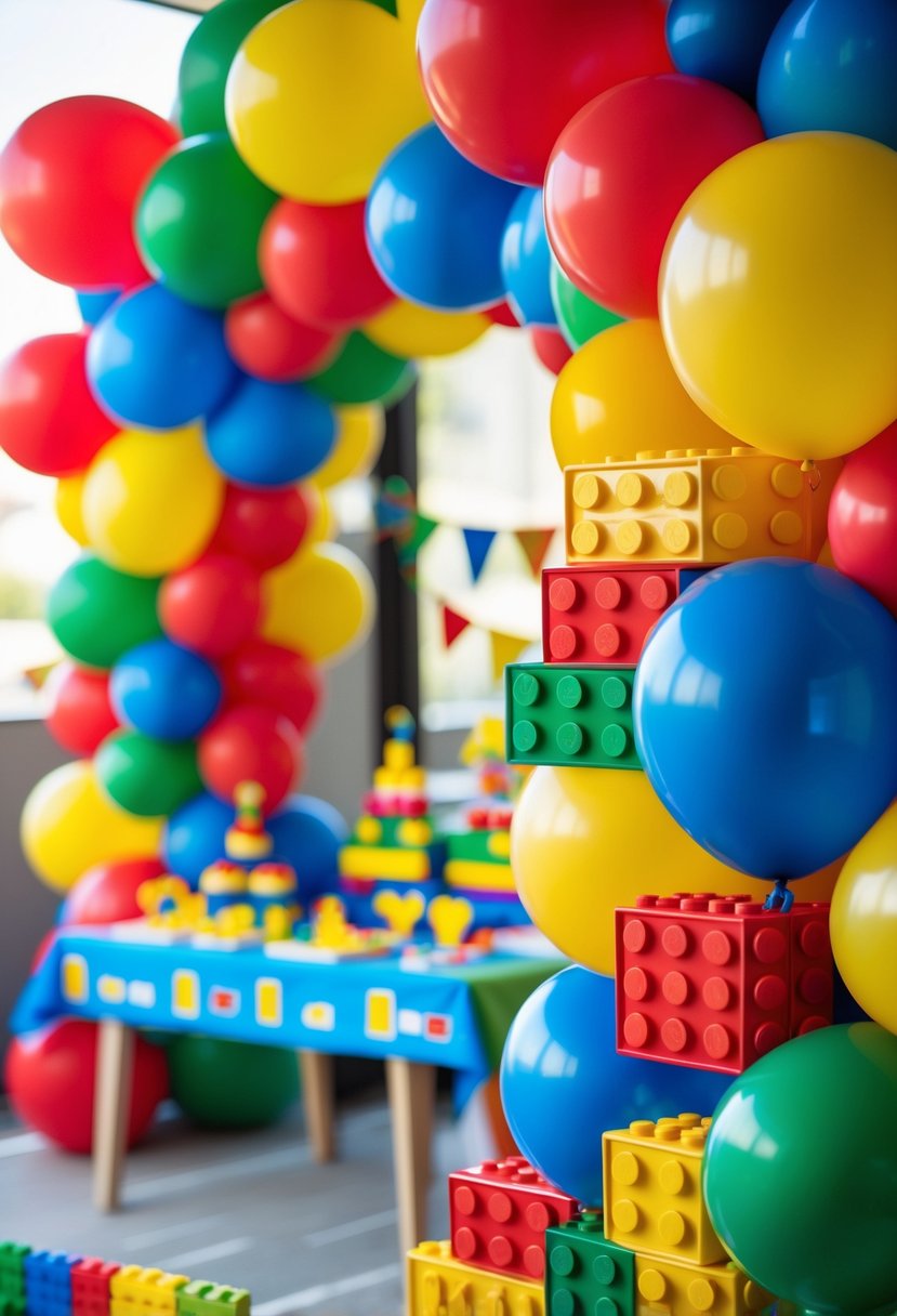 A colorful balloon arch decorated with Lego-themed balloons at a children's birthday party with Lego decorations and toys on a table in the background.