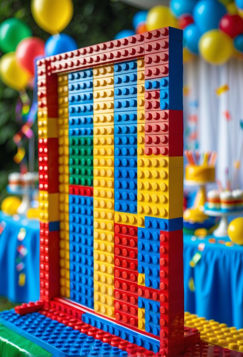 A colorful Lego block photo booth frame at a birthday party with balloons and decorations in the background.