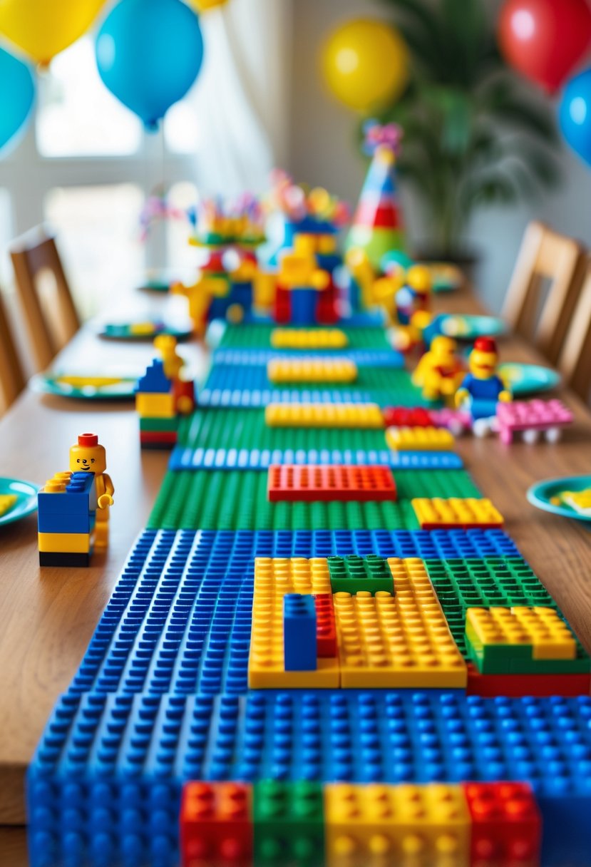 A birthday party table decorated with colorful Lego base plate table runners and Lego-themed decorations.