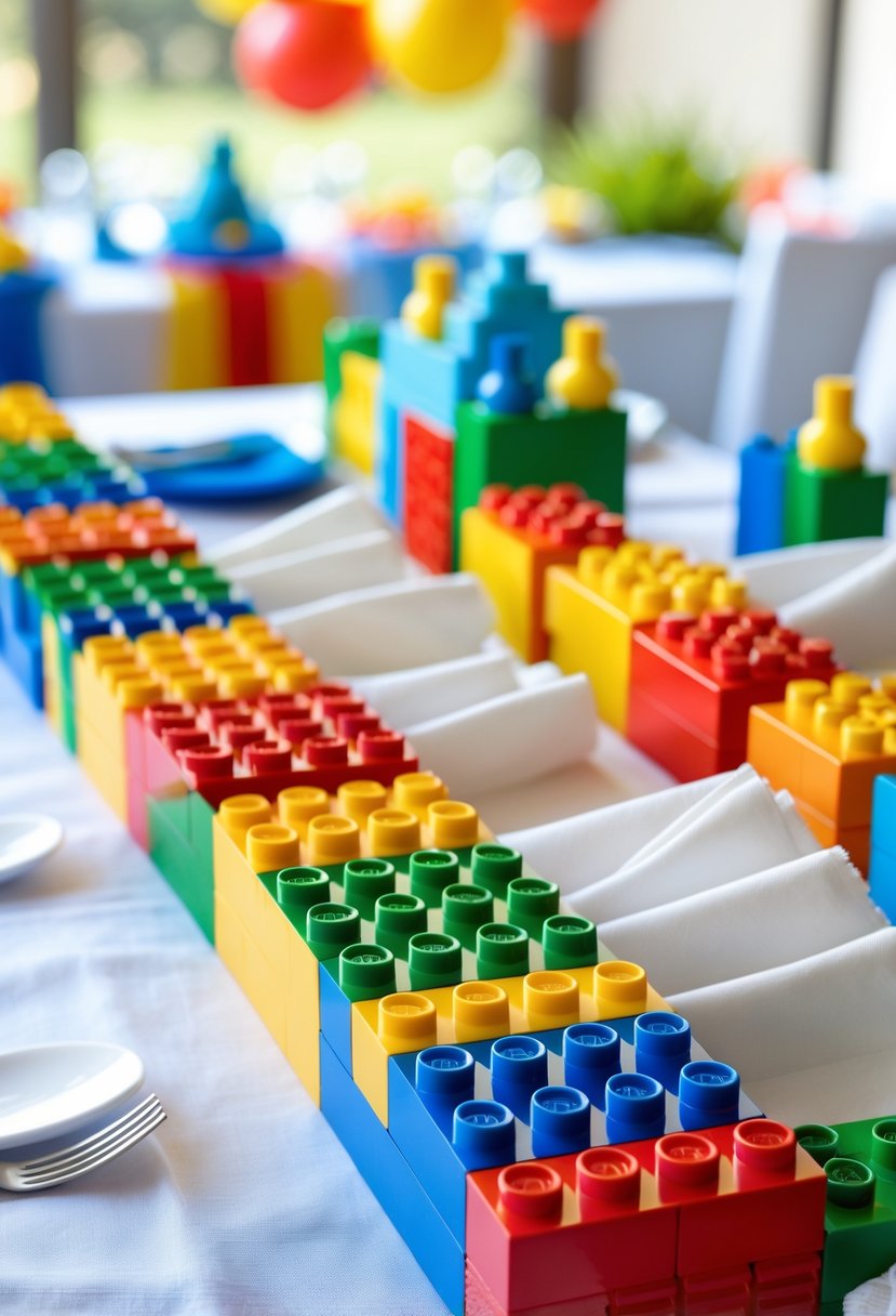 Colorful Lego brick napkin rings holding white napkins arranged on a table with birthday party decorations in the background.