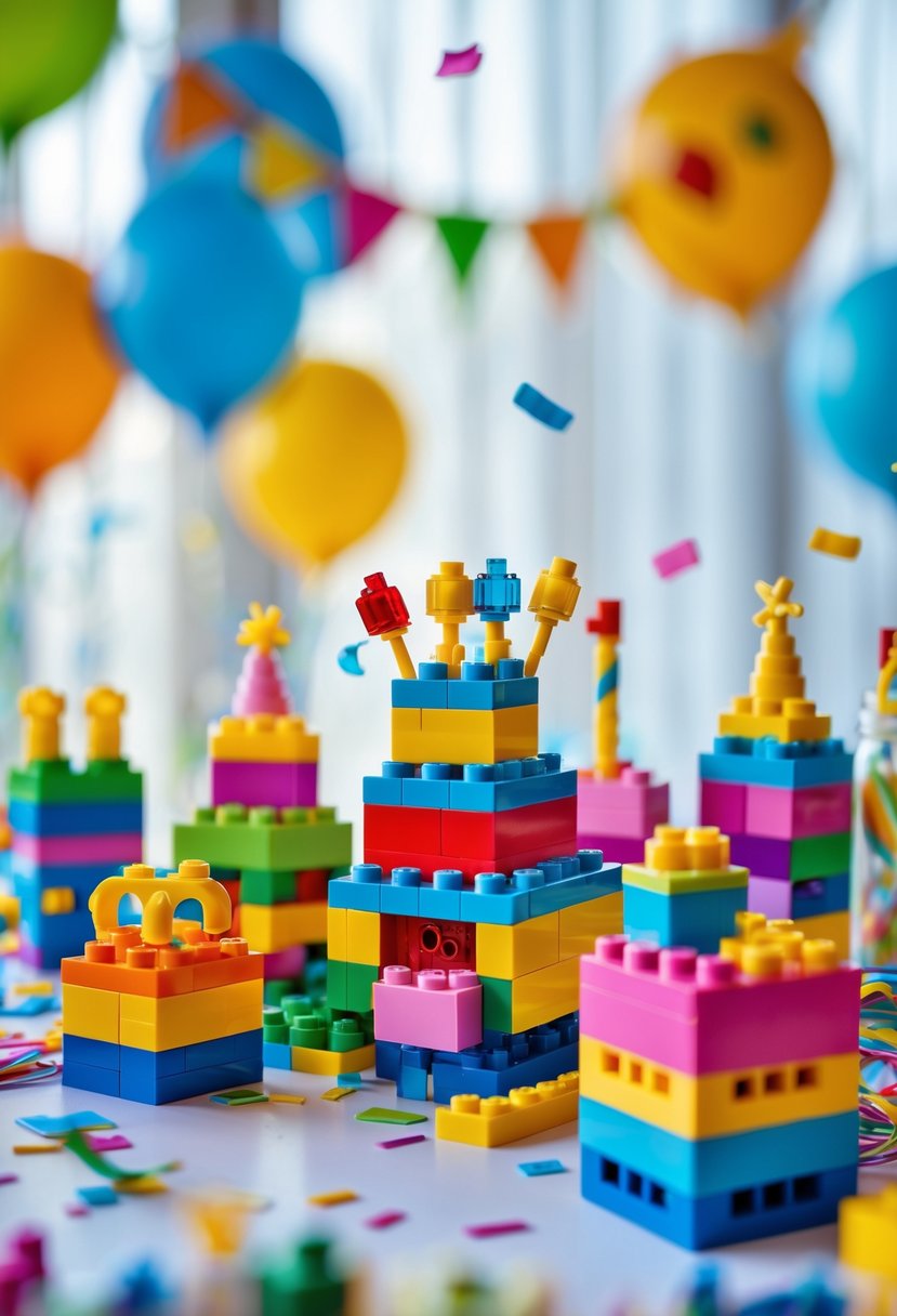 A table with small colorful Lego birthday party decorations and party favors arranged neatly.