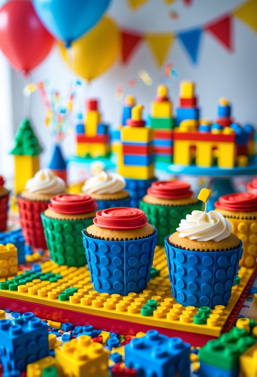 A birthday party table with cupcakes wrapped in colorful Lego brick themed wrappers surrounded by Lego decorations and party items.