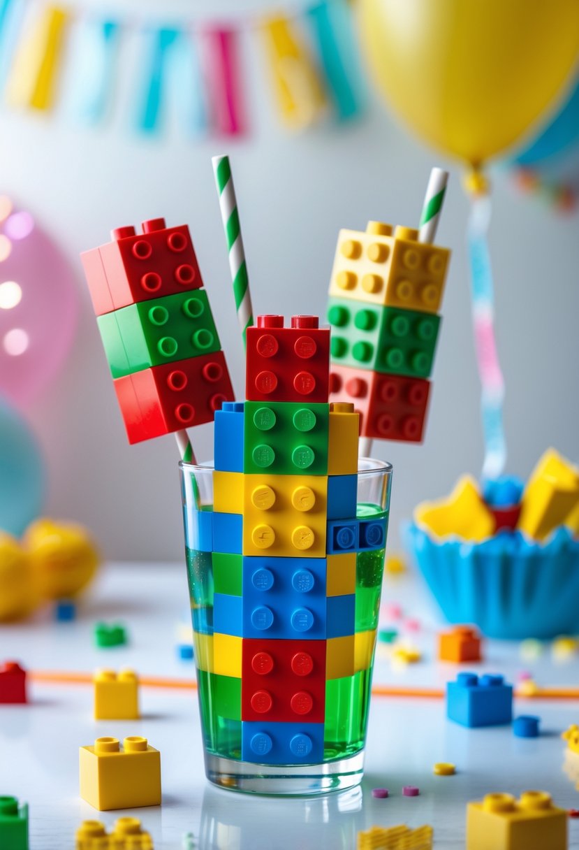 Colorful Lego block drink stirrers in a glass with birthday party decorations in the background.