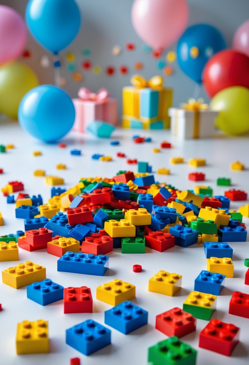 Colorful Lego brick shaped confetti scattered on a white surface with birthday decorations in the background.