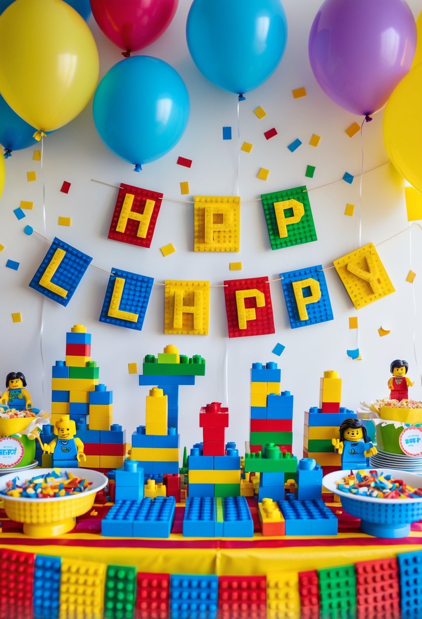 A birthday party table decorated with colorful Lego name banners and Lego-themed party decorations, including figurines and balloons.