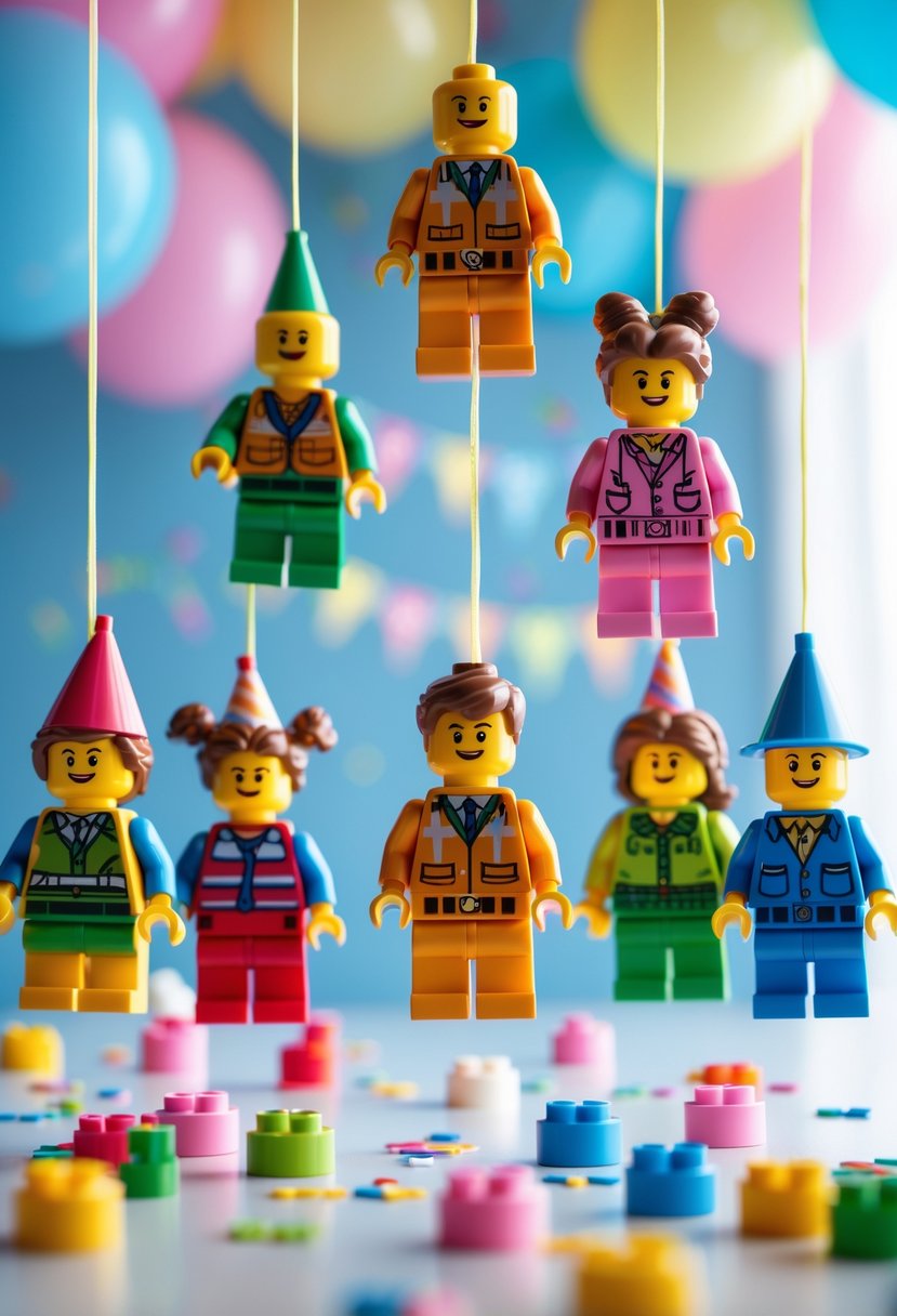 Colorful Lego minifigures hanging as birthday party decorations with balloons and confetti in the background.