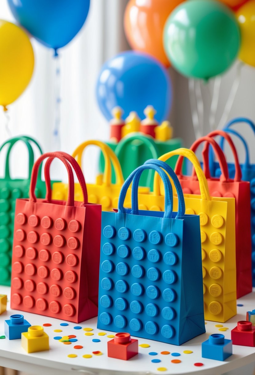 Colorful Lego brick-inspired gift bags arranged on a table with birthday decorations including Lego figurines and balloons.