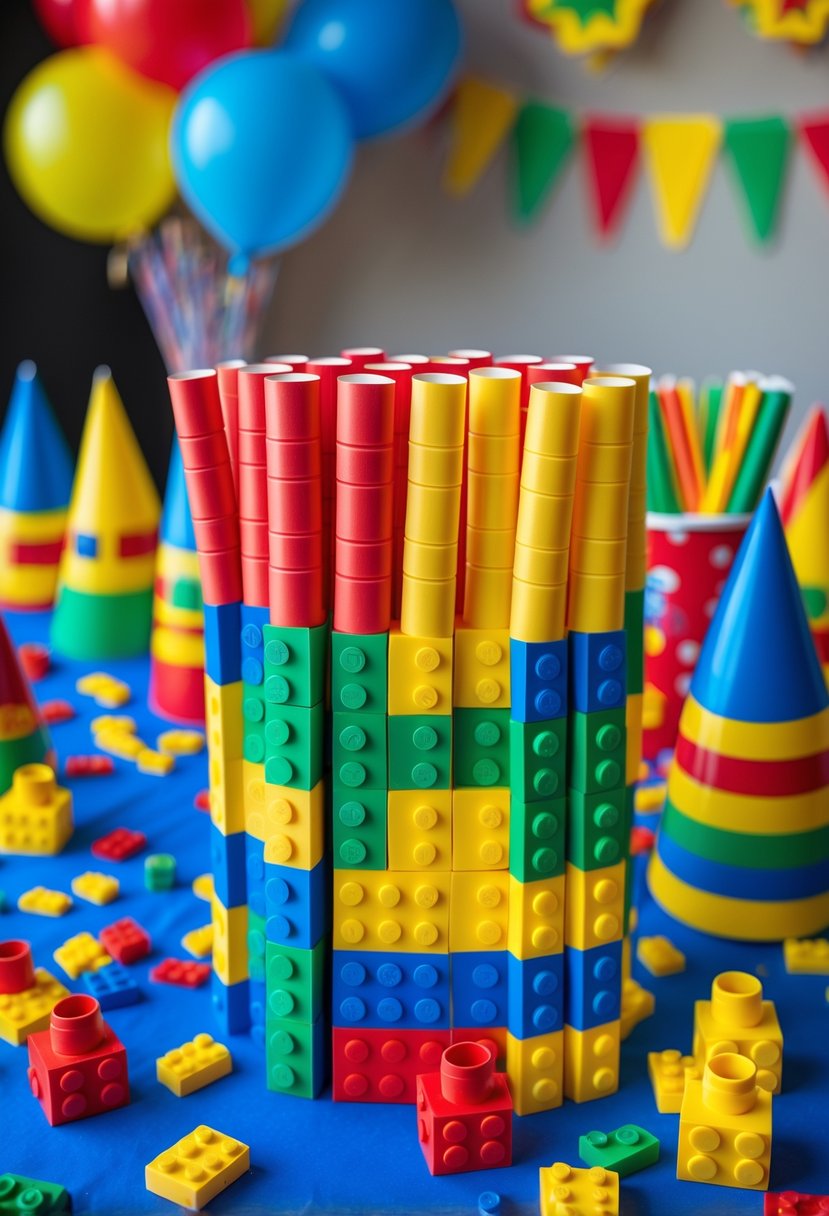 A table with colorful Lego-themed paper straws and Lego birthday party decorations including figurines, confetti, balloons, and party hats.