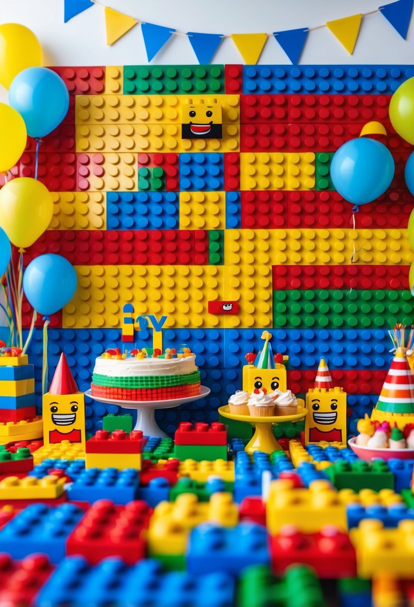 Colorful Lego brick wall backdrop with birthday party decorations including Lego figurines, balloons, and a festive table setup.