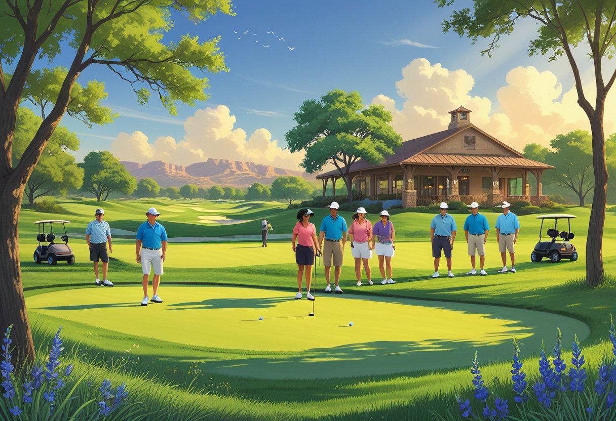 A scenic golf course in Texas with golfers playing on green fairways surrounded by native trees and hills, with a rustic clubhouse in the background.