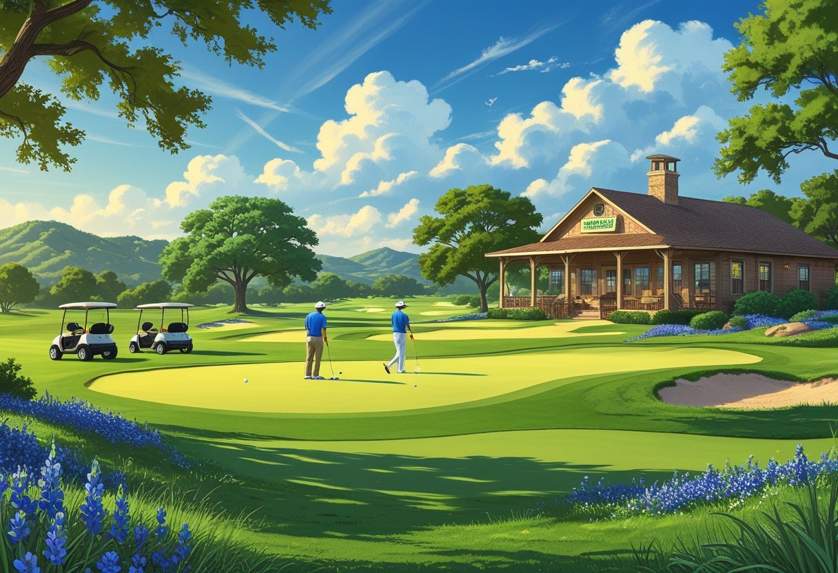 Golfers playing on a green golf course in Texas with trees, hills, and a rustic clubhouse in the background.