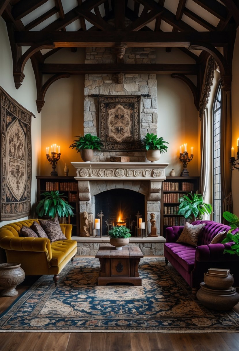 21 Castlecore Living Room Inspiration Ideas for a Timeless Aesthetic 2 A living room with a stone fireplace, wooden beams, velvet armchairs, antique furniture, medieval tapestries, and tall arched windows with heavy drapes.