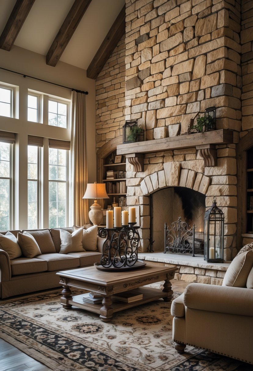 21 Castlecore Living Room Inspiration Ideas for a Timeless Aesthetic 3 A living room with a large stone accent wall, a comfortable sofa, wooden coffee table, and soft natural light coming through windows.