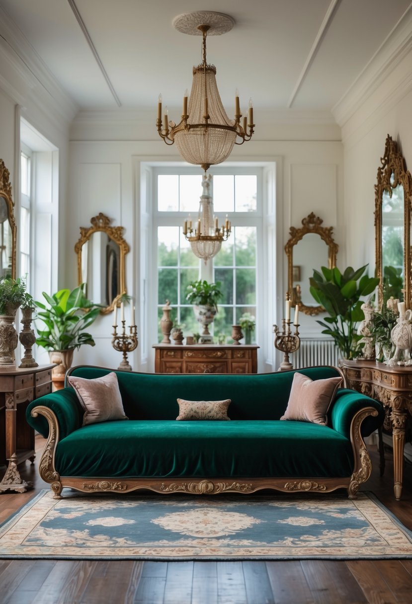 21 Castlecore Living Room Inspiration Ideas for a Timeless Aesthetic 4 A deep green velvet sofa covered with elegant fabric in a bright living room with vintage furniture and decorative plants.