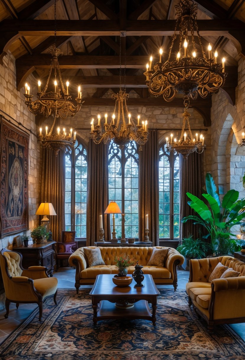 21 Castlecore Living Room Inspiration Ideas for a Timeless Aesthetic 5 A spacious living room with antique brass chandeliers, vintage furniture, stone walls, and large windows letting in natural light.